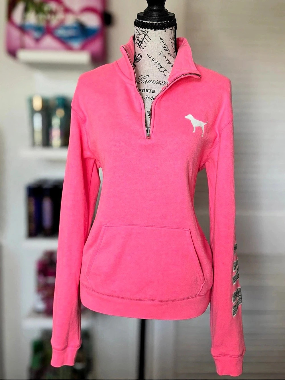 Victoria’s Secret PINK Quarter Zip XS Hot Pink Dog Logo Varsity Sweatshirt